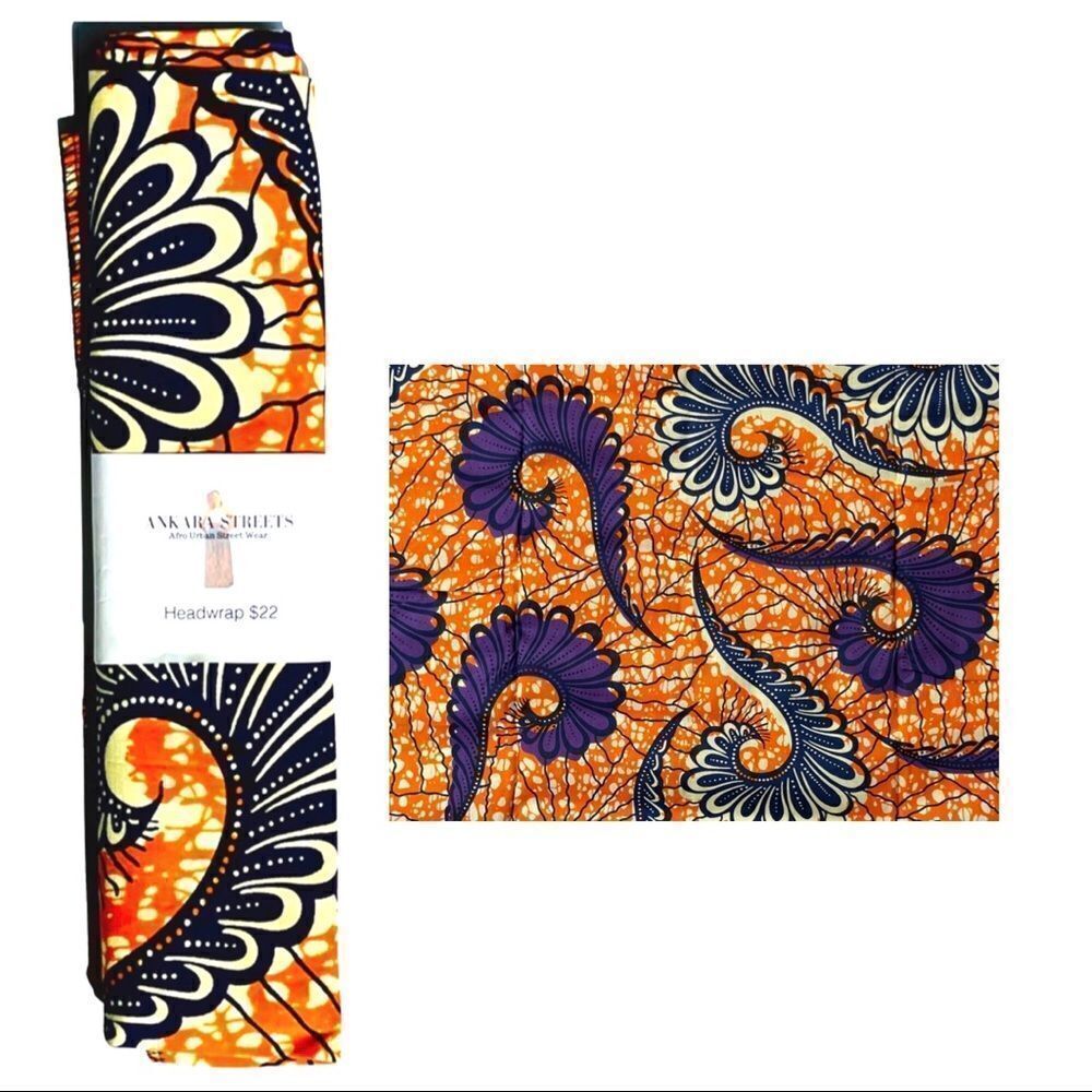 Ankara Streets Bright Orange, Navy, Off, and Purple White Ankara Headwrap